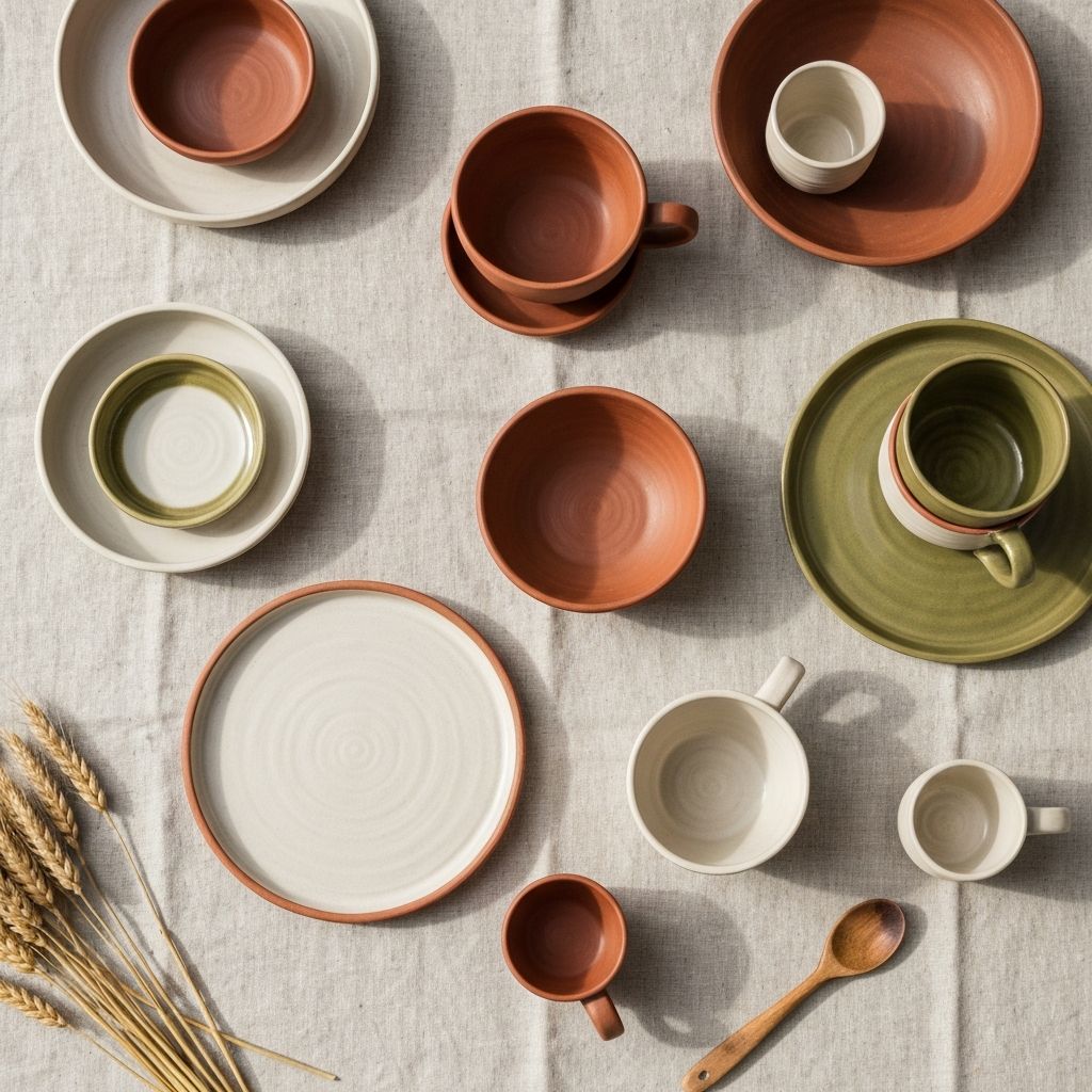 Handmade pottery collection displayed on a natural linen surface