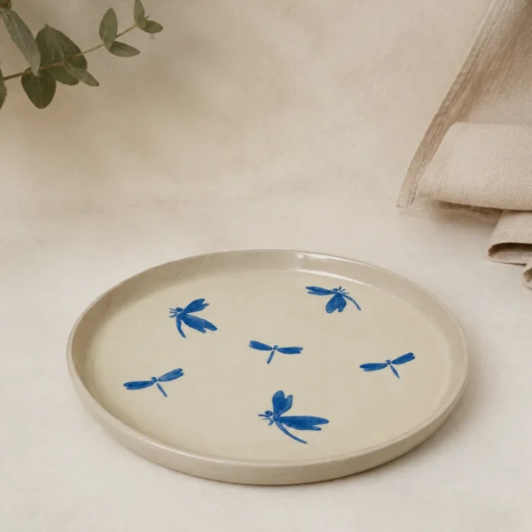 Round plate with blue dragonflies